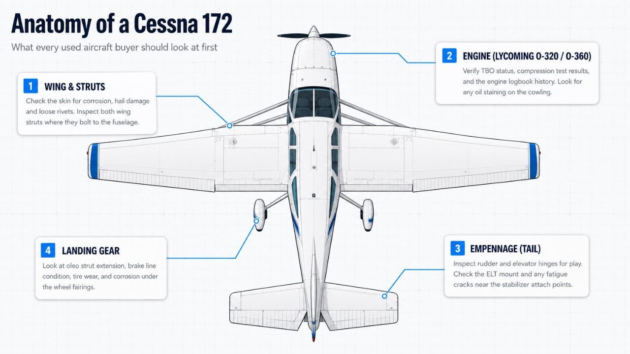Top-down diagram of a Cessna 172 with annotated callouts highlighting the wing, engine cowling, tail section and landing gear — the key areas to inspect on a used airplane